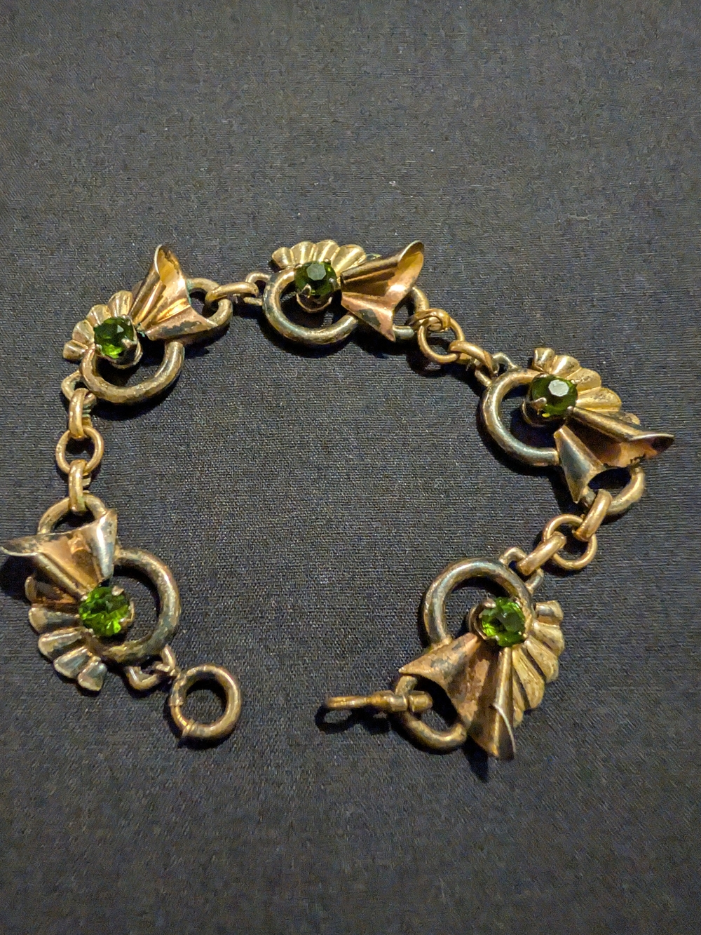 Vintage Harry Iskin Gold Filled Green Rhinestone accent Bow Like Design